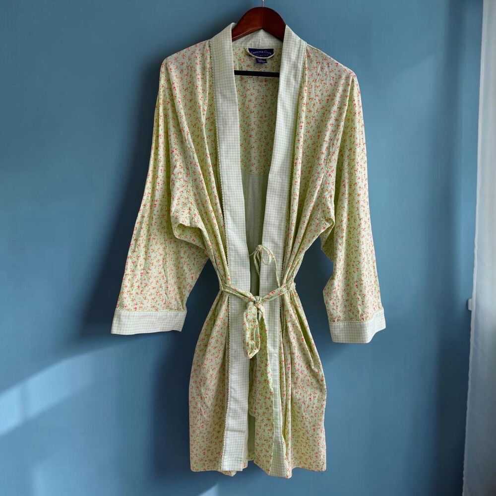 Charter Club Cottagecore Mint Green Floral Gingham Cotton Kimono Wrap Robe XL